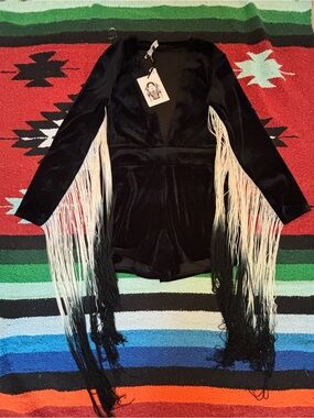 Vintage Inspired Black Velvet Fringe Romper XL NWT
